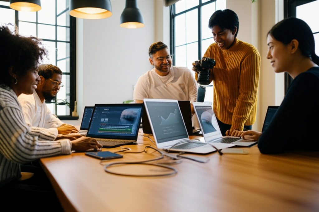 Diverse group of content creators collaborating in modern casual office space