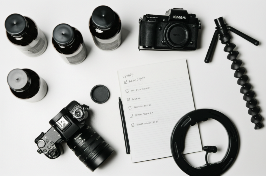 Flat lay of supplement bottles, camera, tripod, ring light and notebook on bright desk