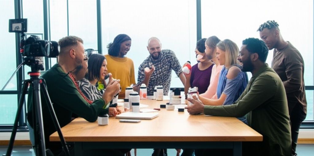 Group of diverse reviewers testing supplements in modern co-working space