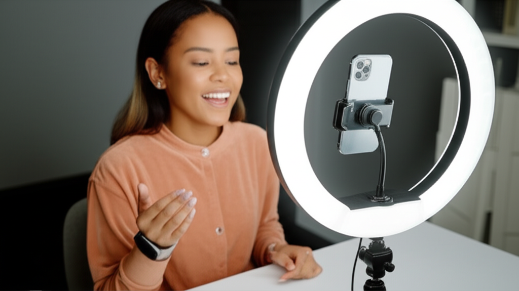 Smiling reviewer recording supplement review with professional setup